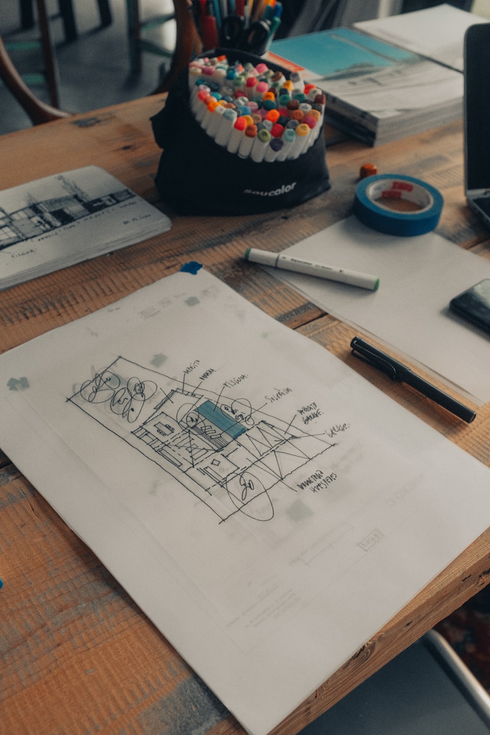 Niebieski szkic architektoniczny i materiały artystyczne na drewnianym biurku.